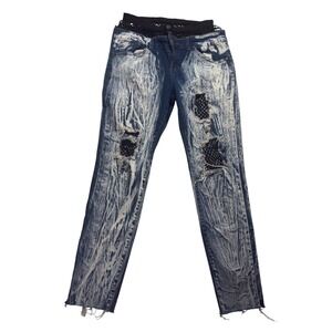 VIP Jeans Blue Acid Wash Distressed Fishnet Waistband 32" Women Grunge Stretch